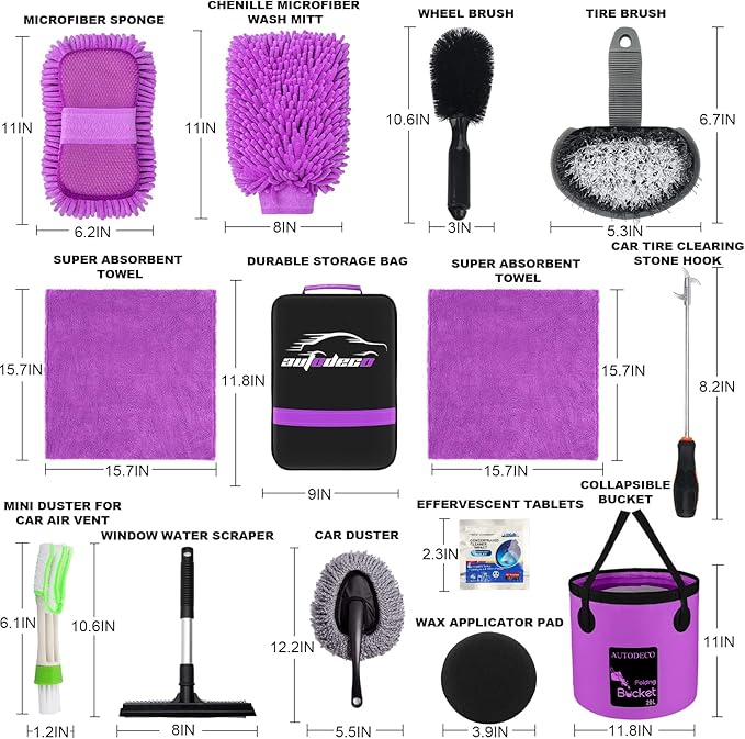 AUTODECO 22Pcs Car Wash Cleaning Tools Kit Car Detailing Set with Canvas Bag Purple Collapsible Bucket Wash Mitt Sponge Towels Tire Brush Window Scraper Duster Complete Interior Car Care Kit