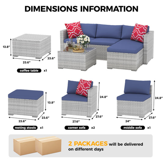 5 Pcs Patio Furniture Sets, Outdoor Sectional Patio Sofa, All Weather Rattan Conversation Set with Tempered Glass Table, Space-Saving Modular Outdoor Seating for Small Patio Poolside Backyard