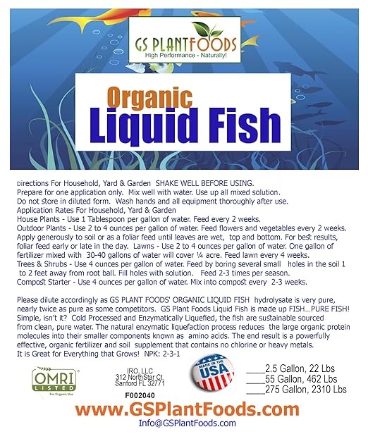 GS Plant Foods Organic Liquid Fish Fertilizer - Natures Growth Boost, OMRI-Certified, Hydrolyzed, Fish-Based, Organic Gardening Solution, 275 Gallons