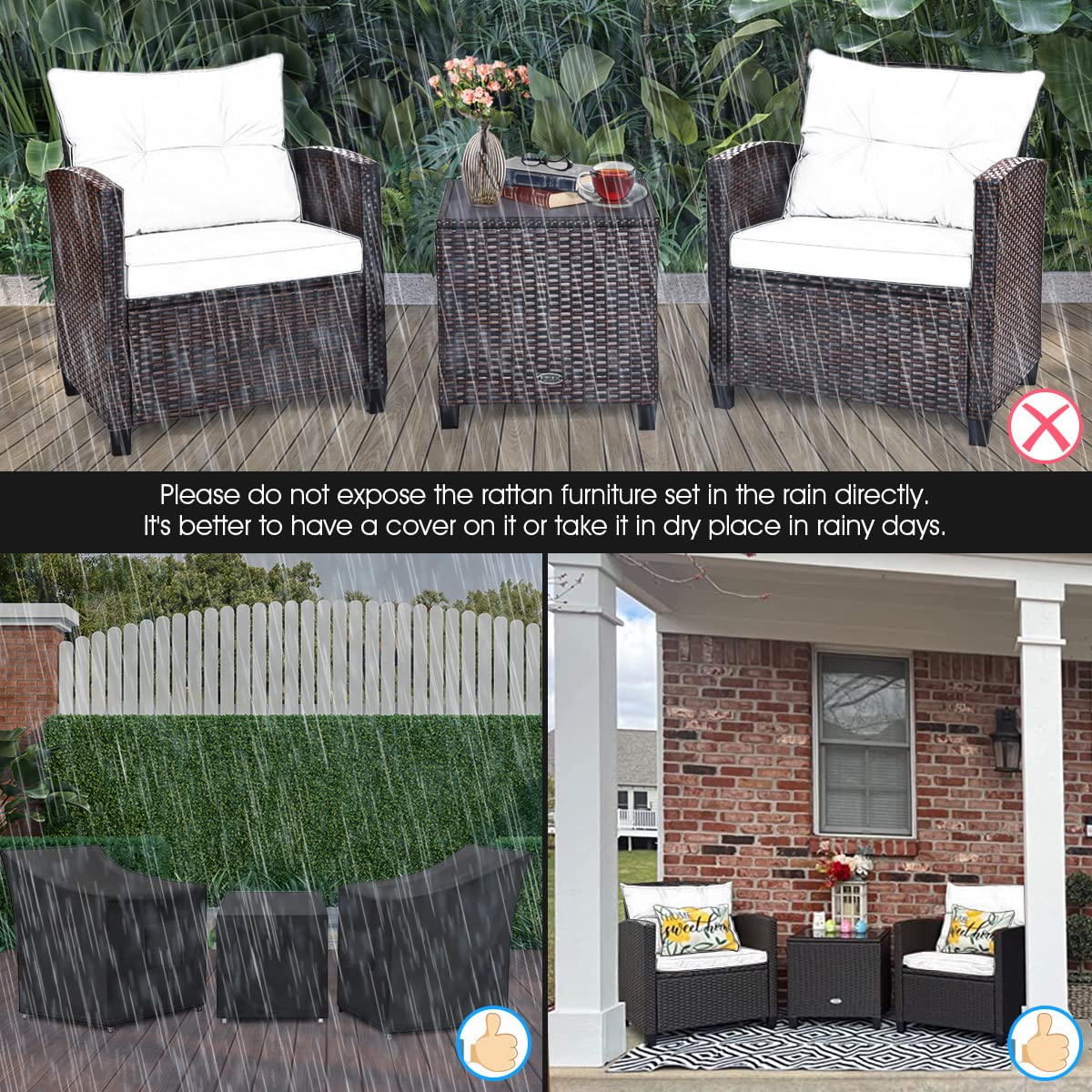 Tangkula 3 Pieces Patio Furniture Set, PE Rattan Wicker 3 Pcs Outdoor Sofa Set w/Washable Cushion and Tempered Glass Tabletop, Conversation Furniture for Garden Poolside Balcony (Blue)