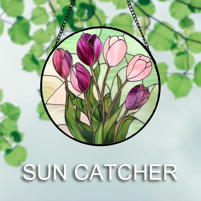 AMDERVEN Stained Glass Window Hanging 4 Pcs Set Tulips Plum Flower Daffodils Hyacinths 7.8" - Suncatcher Door Garden Sun Catcher Decor Birthday Mother's Day for Mom Woman Nana