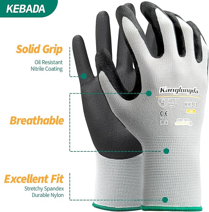 3-Paris Large Work Gloves for Men and Women, Nitrile Coated Safety Protective Gloves with Grip, Ideal for Gardening, Warehouse, Mechanic, Light Duty Construction Work