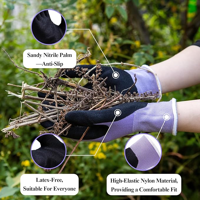 HandLove 2 Pairs Gardening Gloves for Women-Moisturizing Durable Work Gloves.Latex-freeSandy Nitrile Coated for Yard Garden,Touchscreen Friendly Protective Work with Grip, Small,Blue&Purple