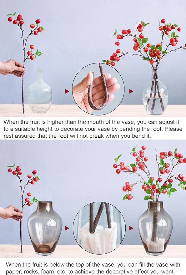 Forlaoers Realistic 21.6 Inch 8Pcs Fake Berries Artificial Fruit Faux Berry Branches for Home Decor Christmas Party Decorations Kitchen Dining Room Table Vase Arrangements