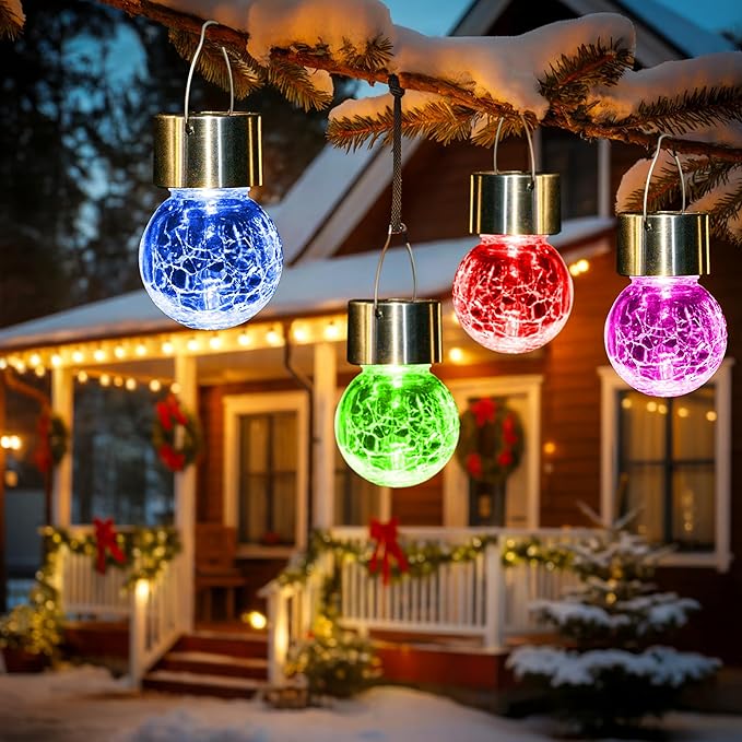 GIGALUMI Solar Lights Outdoor Waterproof ,12 Pack Solar Hanging Lights Garden Decor,Gifts for Women Mom Grandma,Christmas Outdoor Lantern Cracked Glass for Yard, Fence, Tree(Color Changing)