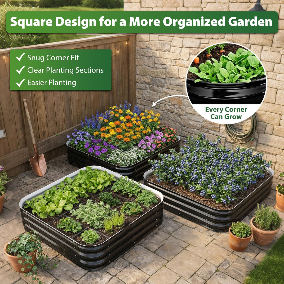 Square Raised Garden Bed 4x4 ft for Vegetables, Herbs & Flowers, 12" Deep