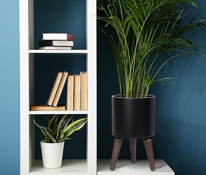 D'vine Dev 8 Inch Planter Pot with Stand, Mid-Century Tall Plant Pot with Legs for Indoor Plants, Small, Black, 88-O-A-2