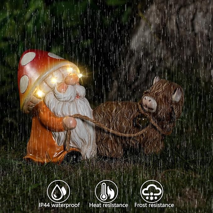 Solar Garden Gnome Statue with Highland Cow – Mushroom Hat with LED Lights, Funny Yard Decor for Outdoor Lawn, Patio, Porch or Pathway