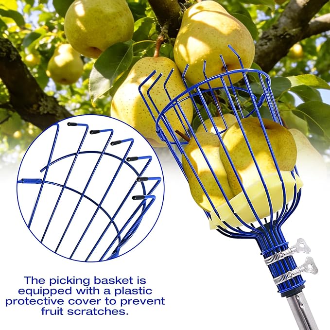 Fruit Picker Tool with Basket & Foam Pad, 35-157 Inch Adjustable Stainless Steel Picking Pole - for Harvesting Lemon Avocado Apple Mango Pear Orange & Tall Tree Fruits