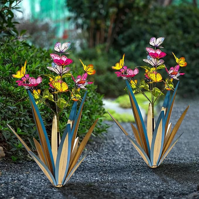 TOMBABY Garden Outdoor Butterfly Enlarge Thickened Wind Resistant Metal Agave Garden Art Metal Plant Country Sculpture Statue Decorations Ornaments Artificial Waterproof Butterflies(Blue 2pcs)