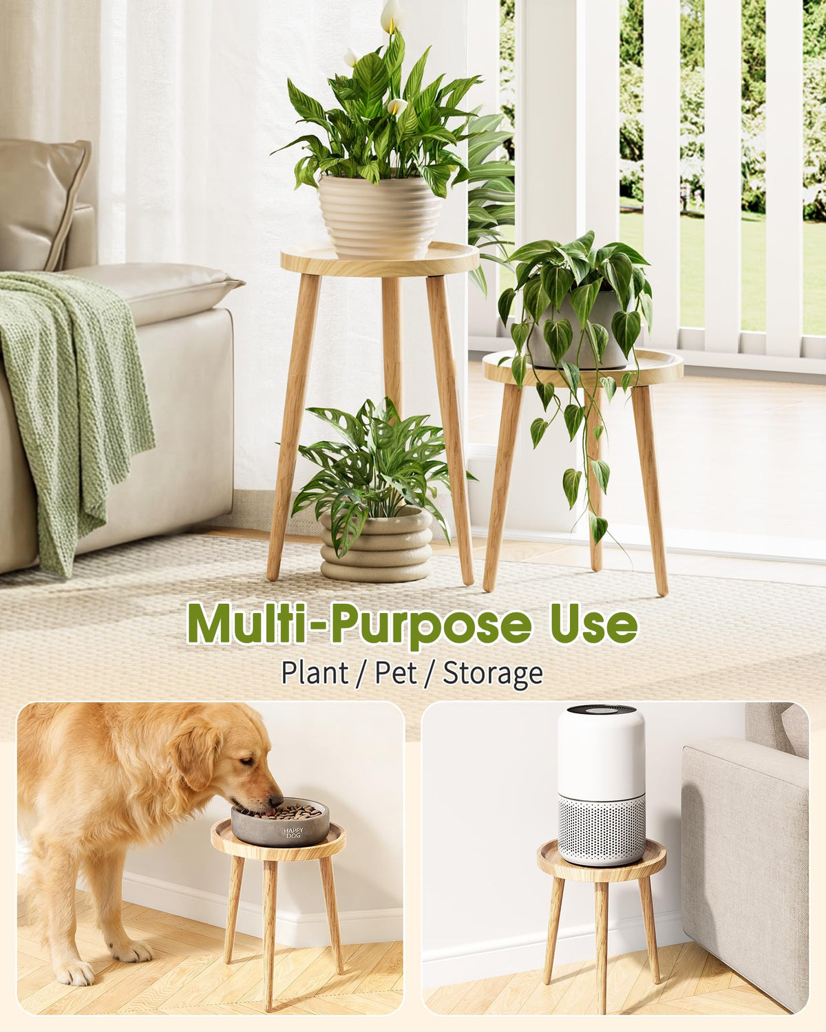 AZADESJET Plant Stand Indoor 2 Pack, Mid Century Wood Indoor Plant Stands, Tall Plant Holder for Flower Pot, Modern Plant Table Round Side End Table With Raised Design, Natural, 11.7"x18.8" & 11.7"x13"