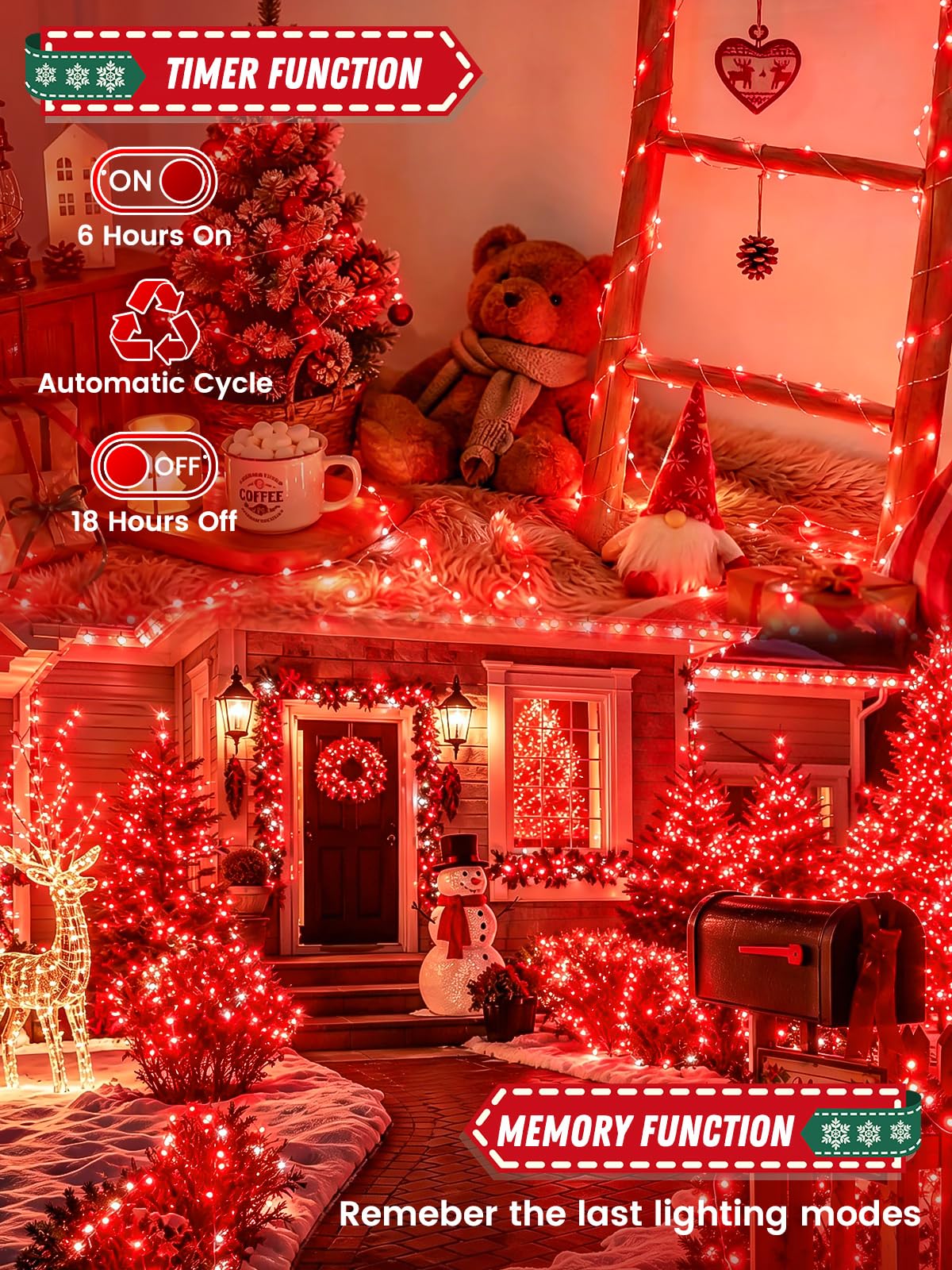 2 Pack 100 LED Fairy Lights Battery Operated with Remote Timer, 33 FT Red