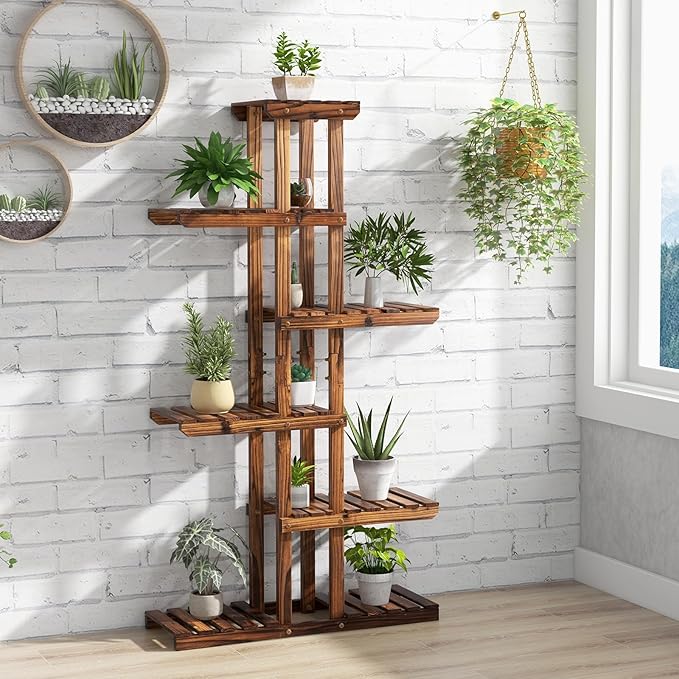 COSTWAY 6-Tier Multifunctional Wood Flower Stand, Shelf Holder for Multiple Plants, Freestanding Plant Rack for Garden, Patio, Balcony, Living Room, Indoor, Outdoor (29.5''x10''x55.5'')