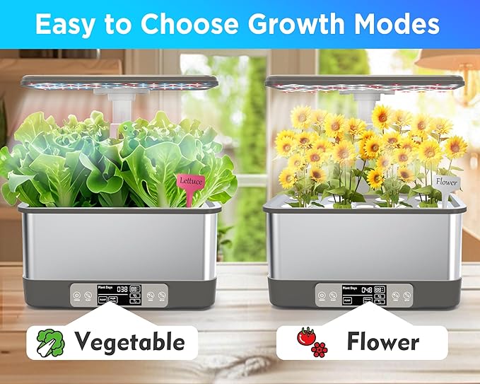 Hydroponics Growing System Indoor Garden, Smart Indoor Herb Garden with Grow Light, in Door Gardening System 8 Pods, APP & WiFi Control, Auto Timer, Quiet Pump, Stainless, Gift for Women Mom, Gray