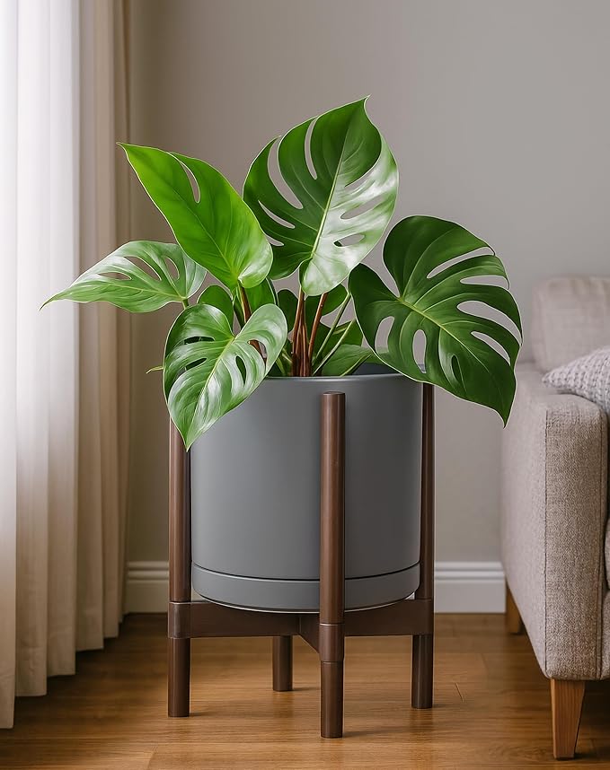 D'vine Dev Ceramic Planter with Walnut Color Stand - 12 Inch Modern Round Flower Pot with Wood Planter Holder, Grey, 55-B-W-3