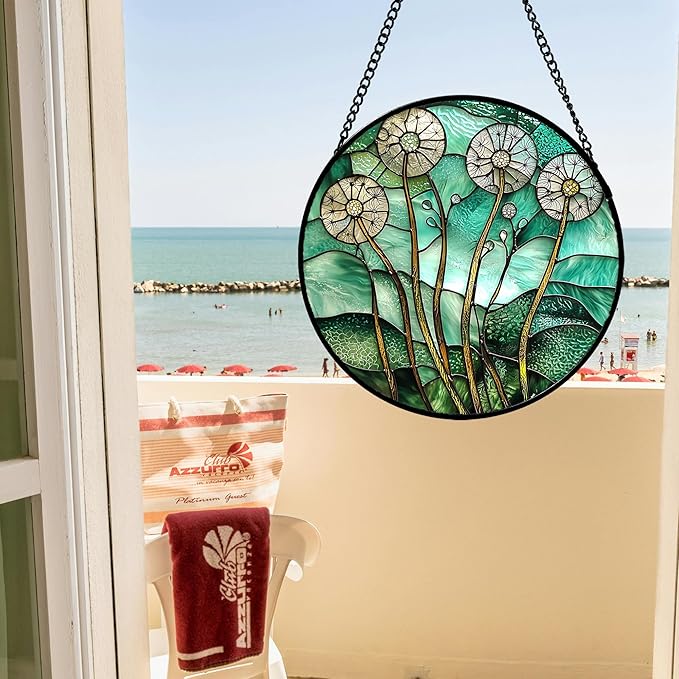 AMDERVEN Stained Glass Window Hanging, Green Abstract Lotus Leaves Tree Sun Catcher for Window Door Home Decor Plant Suncatcher Christmas Mother's Day Birthday Gifts for Women Men Mom Nana 11.8 in