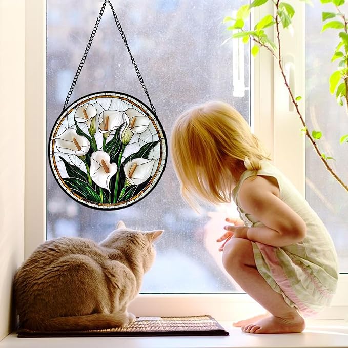 DASTOLL Stained Glass Window Hanging, White Calla Lily Flowers Sun Catchers Glass Panel Plant Suncatcher Decor for Birthday for Women, Men, Wife, Aunt, and Mom 11.8x11.8 in