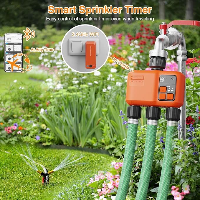 Smart WiFi Sprinkler Timer 3 Zone,WiFi Water Timer for Garden Hose with 984 FT Range,APP & Remote Control,Alexa & Google Voice Compatible,Rain Delay, Manual Mode Sprinkler System