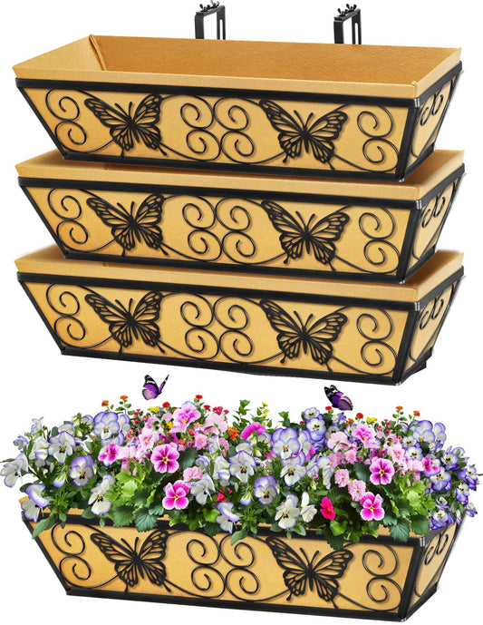 Karlliu 4 Pack 24 Inch Window Boxes Planters Railing Planter Box with Adjustable Brackets for Porch Fence Patio Balcony Hanging Flower Baskets with Woven Fabric for Outdoor Garden Decor - Black