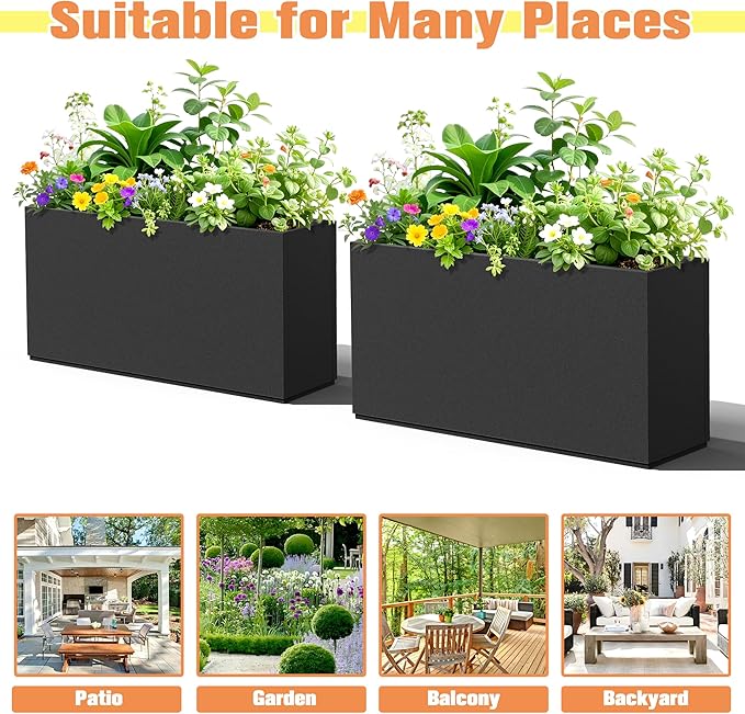 Rectangle Planter for Indoor & Outdoor, Tall and Long Planter Boxes with Drainage Holes, Mental Planter Box All-Weather Use for Plants, Flowers, 32" L x 10" W x 16.3" H, Black