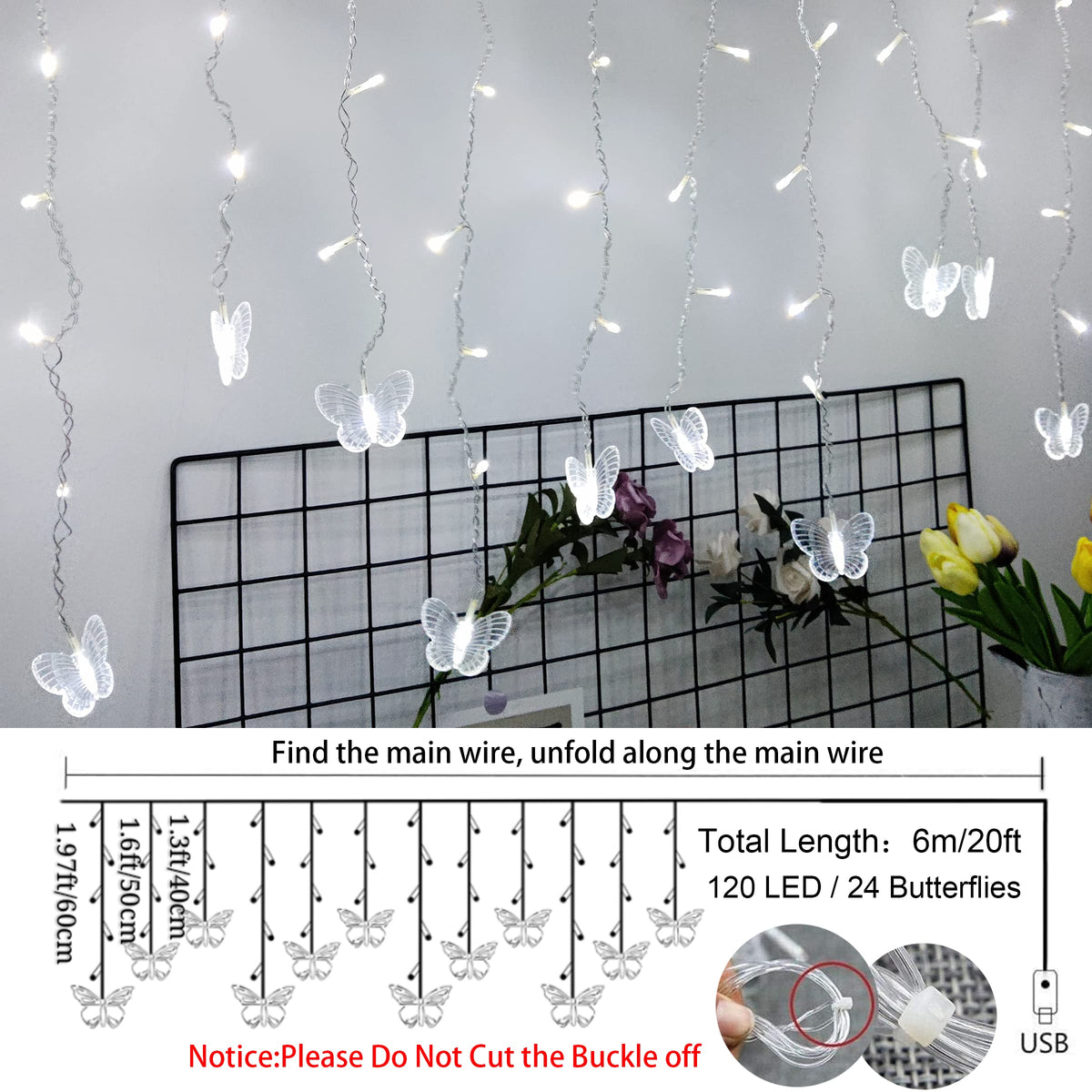 Butterfly Curtain Fairy Lights USB Plug in,120 LED 8 Modes 20FT Firefly Twinkle Icicle String Lights with Remote Timer Waterproof Copper Wire for Bedroom Patio Christmas Wedding Party Dorm(Cool White)