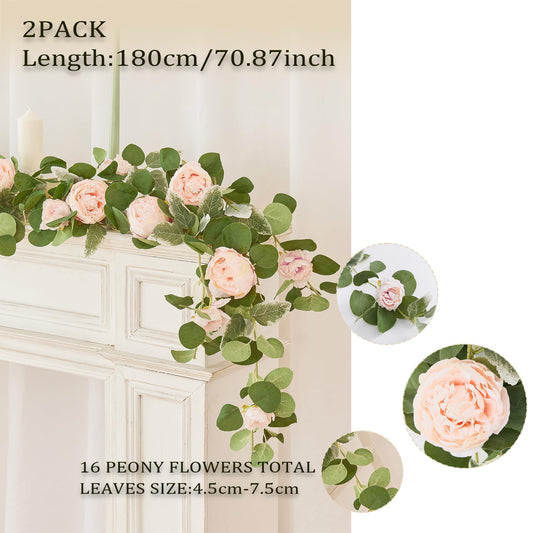 MISSPIN 2pcs Artificial Flowers Garland Spring Eucalyptus Garland Vintage Fake Flower Peony Rose Vine Greenery Decorative Wall Hanging Plant for Wedding Arch Door Arrangement Party Decor (Pink,2)