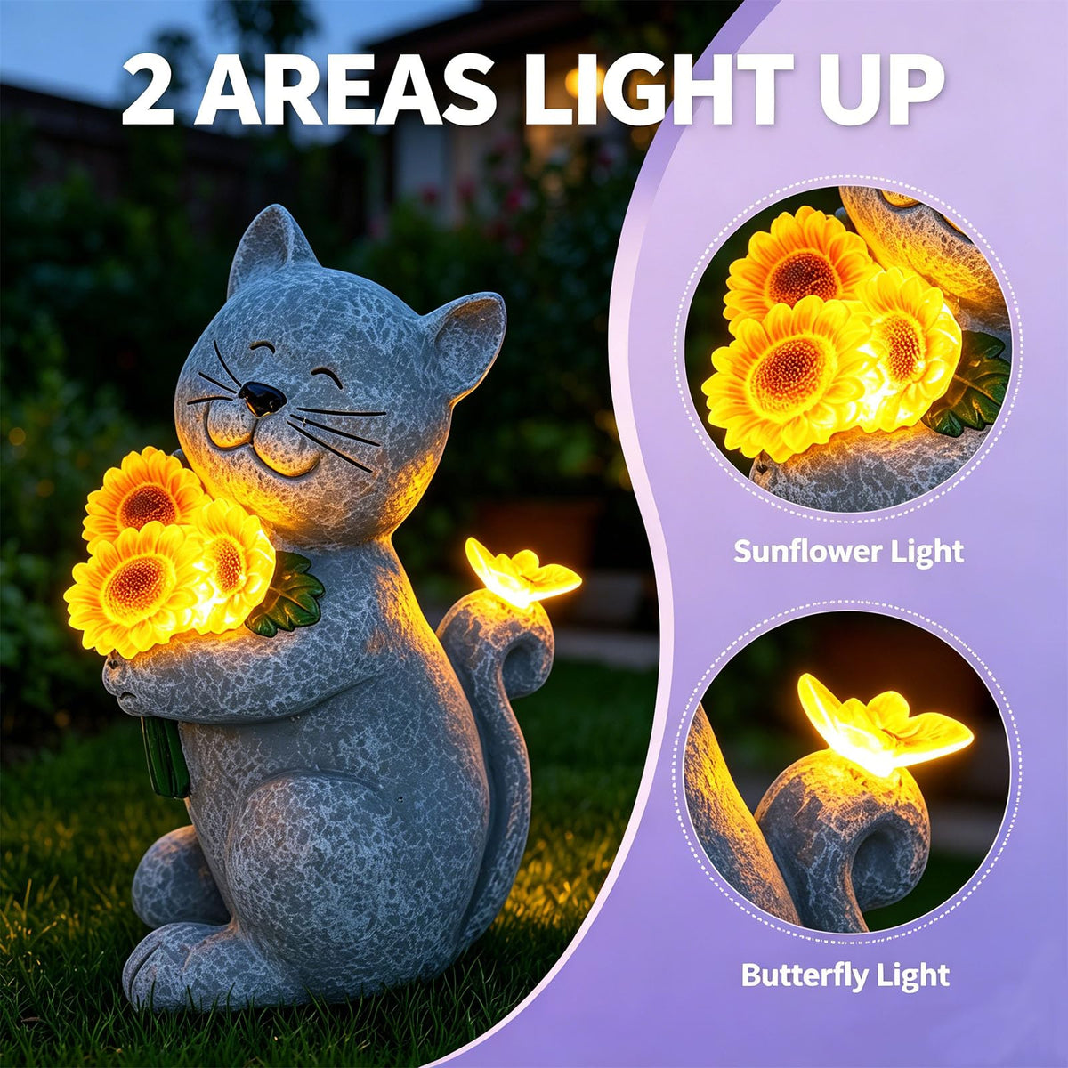 Solar Cat Garden Statue with Sunflowers - LED Light Up Outdoor Resin Cat Figurine with Butterfly, Waterproof Decor for Yard Patio Lawn, Unique Housewarming Birthday Gift for Mom Grandma Dad Cat Lovers