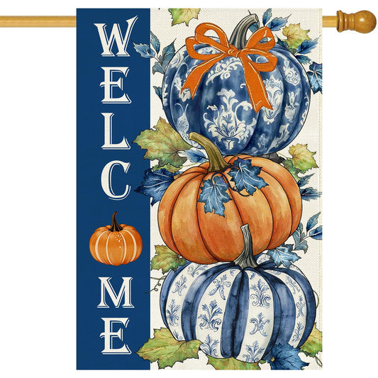Baccessor Fall Welcome Pumpkin House Flag 28x40 Inch Double Sided,Autumn Thanksgiving Day Blue and White Porcelain Outside Outdoor Seasonal Burlap Large Garden Flags Home Yard Porch Patio Decoration