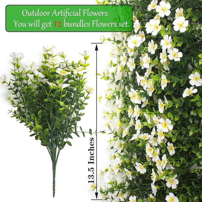 Grunyia Outdoor Artificial Flowers UV Resistant & Fade Proof, 12 Pack Realistic Fake Flowers for Garden, Patio, Lawn Decor - Weatherproof Plastic Plants (White)