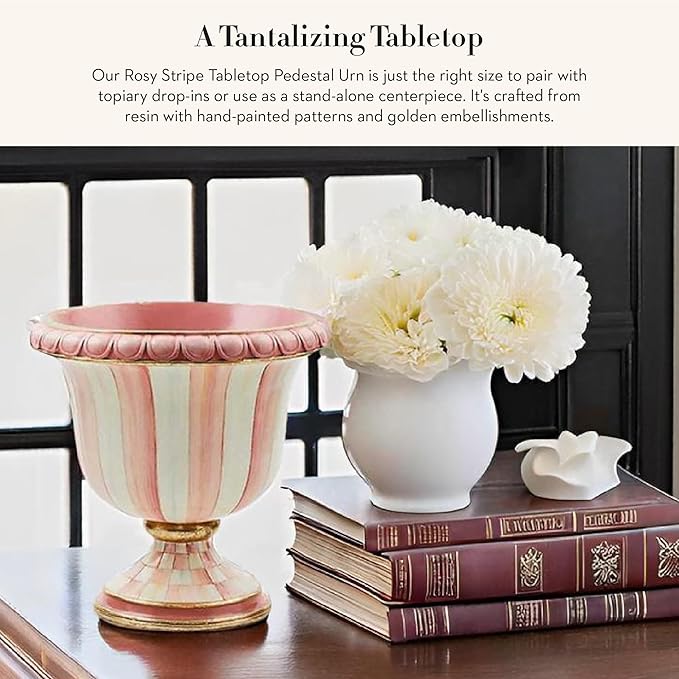 MACKENZIE-CHILDS Pedestal Tabletop Urn, Decorative Centerpiece for Table, Mantel, or Shelf, Small, Pink-and-White Rosy Stripe