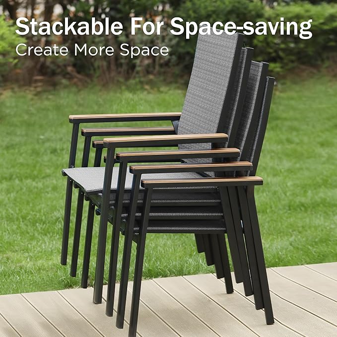 PHI VILLA Outdoor Stackable Chairs, Patio Chairs Set of 2, Light Weight Aluminum Frame with Textilene Fabric & Wood Armrest, High Back Deck Chairs for Poolside Lawn Garden, Gray