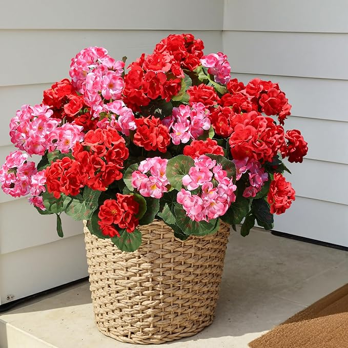 Artificial Geraniums Fake Flowers for Outdoors Decoration, 6 Bundles Silk Geraniums Flower UV Resistant Look Real Faux Plants for Front Door Garden Porch Planter Patio Balcony Yard Indoor Home, Mix