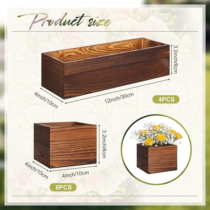 Leinuosen 12 Wooden Planter Boxes Set, 4 Pcs 12 x 4 Inch Rectangle Wood Planter Box 8 Pcs 4 x 4 Inch Flower Pots Wooden Cube Rustic Square Wood Vase for Centerpiece Wedding Vintage Decoration(Brown)