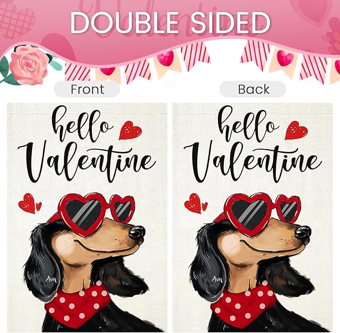 Hello Valentines House Flags for Outdoor Decoration, Dachshund Dog with Love Sunglass Heart Large Yard Flag,Seasonal Decorative Decor for Holiday Anniversary Wedding Outside 28x40 Inch Double Sided