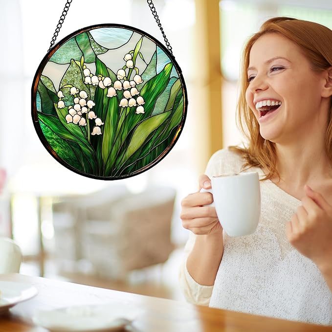 JOSUMALY Stained Glass Window Hanging - White Green Lily of The Valley Suncatcher for Doors Garden Terrace Plant Sun Catchers Decor Mother's Day Birthday Flowers Gifts for Women Men Mom 11.8 in