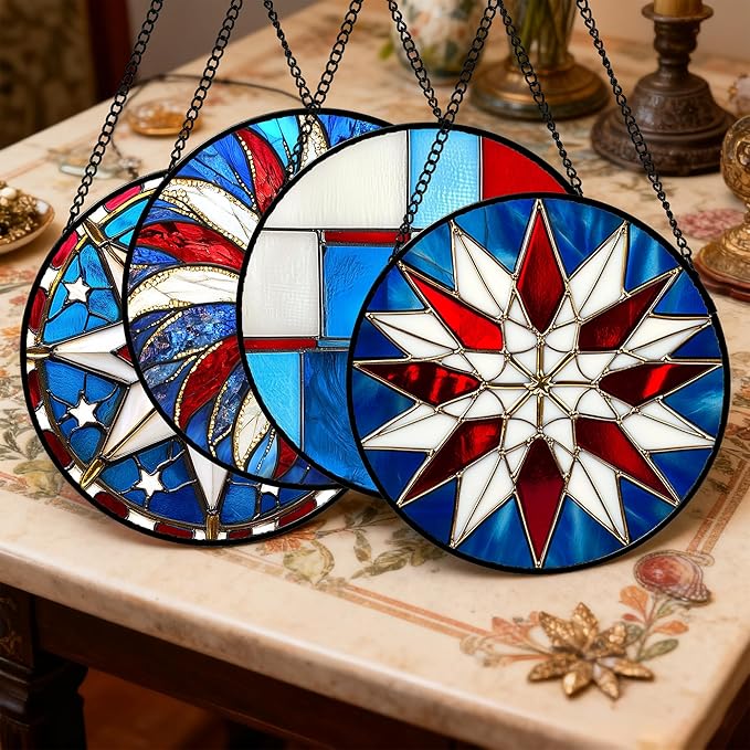 AMDERVEN Stained Glass Window Hanging 4 Pcs Set Abstract Flowers in Red White Blue 9.8" - Suncatcher Door Garden Sun Catcher Decor Birthday Mother's Day Xmas Gift for Mom Woman Nana Men Parents