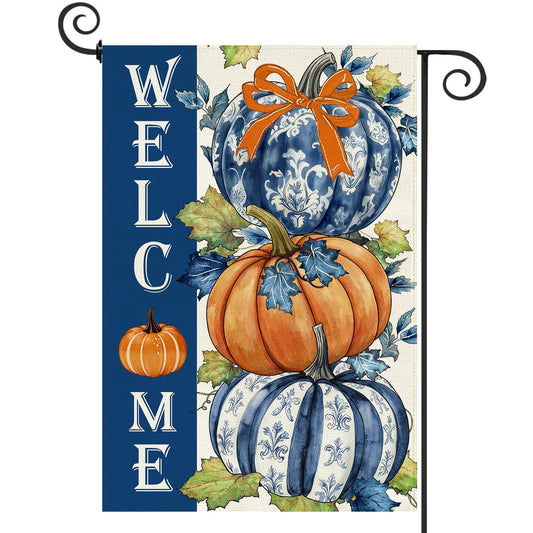 Baccessor Fall Welcome Pumpkin Garden Flag 12.5x18 Inch Double Sided,Autumn Thanksgiving Day Blue and White Porcelain Outside Outdoor Seasonal Burlap Small Flags Home Lawn Yard Patio Decoration