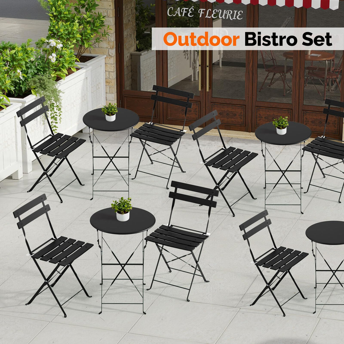 VINGLI Outdoor Folding Bistro Table and Chairs Set of 2, 3-Piece Bistro Set with Premium Steel Frame for Patio, Balcony, Garden, Porch, Yard, Black