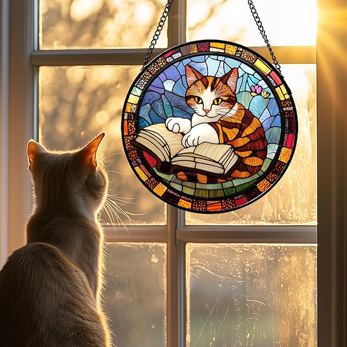 DASTOLL Stained Glass Window Hanging Little Cat Reading 9.8" - Suncatcher Door Garden Kitchen Sunroom Sun Catcher Home Decor Birthday for Lost Pets Mom Grandma Men Woman Friend