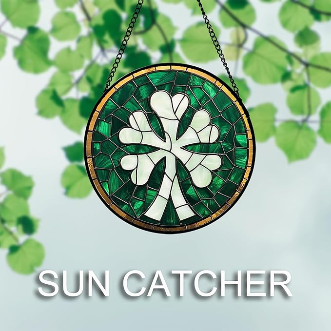 QZQCBLC Stained Glass Window Hanging Green Clover 7.8" - Suncatcher Door Garden Sun Catcher Home Ireland Decor Birthday Mother's Day St Patrick's Day Gifts for Mom Men Woman Wife Friend