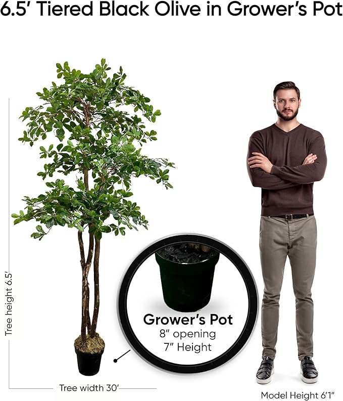 Cypress & Alabaster Handmade 6.5ft 3-Tier Italian Black Olive Leaf Artificial Tree with Ethically Sourced Real Wood Trunks, Hypoallergenic, 6.5-Foot, Green