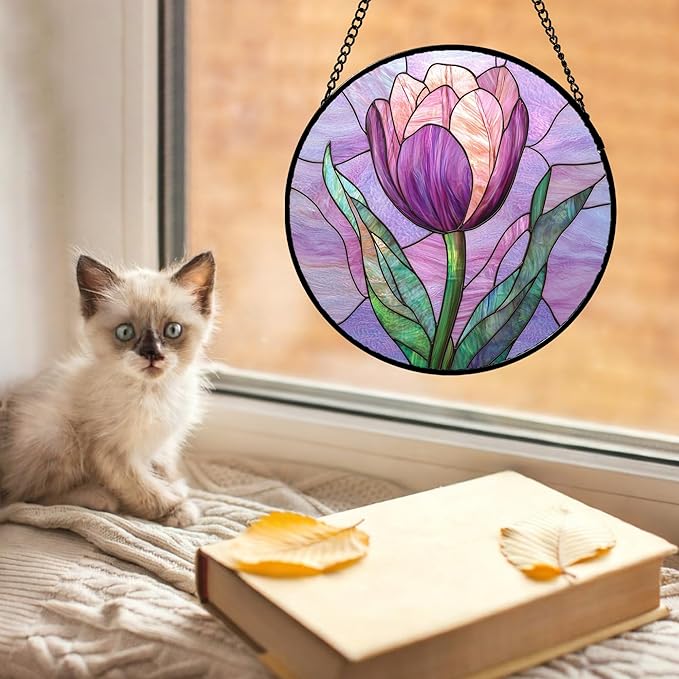 Stained Glass Window Hanging Purple Tulips Flower 9.8" - Suncatcher Door Garden Sun Catcher Home Decor Birthday Mother's Day for Mom Men Woman Parents Her Nana Friend