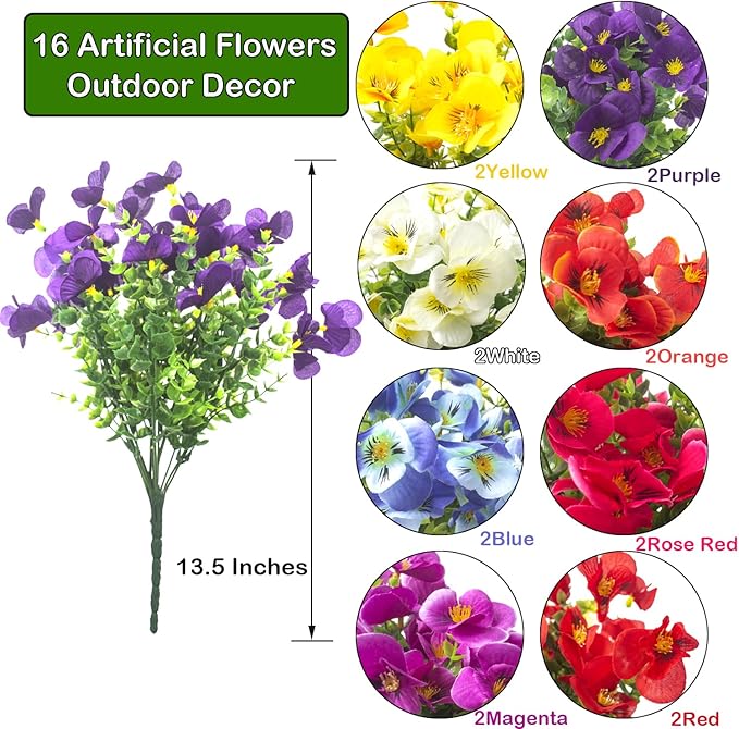 16 Bundles Artificial Silk Flowers Outdoor UV Resistant, Realistic Faux Plants for Spring Wedding Home Decor - Hanging Box Planter Garden Porch Patio Yard Decoration