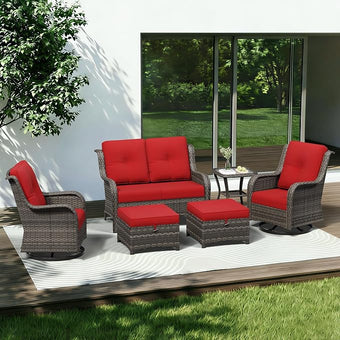 6 Piece Outdoor Wicker Patio Furniture Set, Outdoor Swivel Rocker Patio Chairs Set with Thickened Olefin Cushions, High Back and Deep Seating, Hand-Woven PE Rattan for Porch, Deck