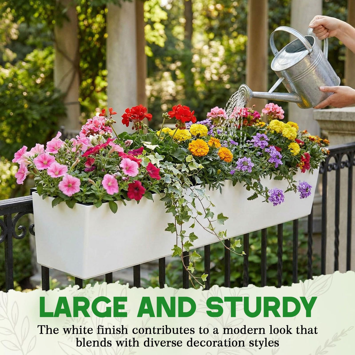 Purpeak 2 Pack Hanging Wall Planter Boxes 40" Large White Rectangular Flower Box with Window Bracket Self Watering System Railing Planter Outdoor Plant Pot Container Deck Rail Fence Balcony