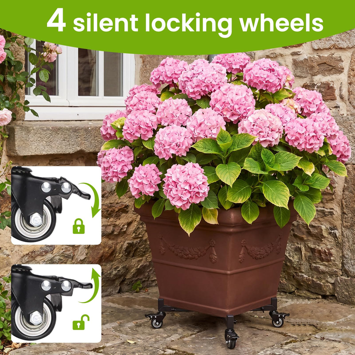 Heavy Duty Plant Caddy with Wheels, Adjustable 22.8-31.9" Diameter Rolling Plant Stand for Indoor/Outdoor, Plant Dolly with 4 Lockable Swivel Casters, Metal Planter Base for Large Pots up to 250 lbs