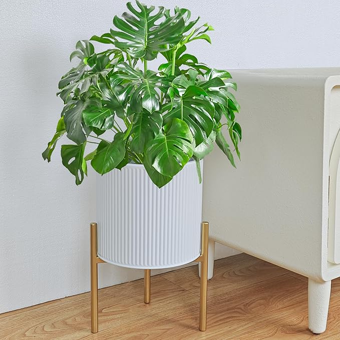 ARNIS Modern Planter Pots, Set of 2 Round Large Planters with Stand, Decorative Floor Planters, Metal Pots with Drainage Holes for Living Room, Office, Garden or Balcony, 8.25 &10.5 Inch, White & Gold