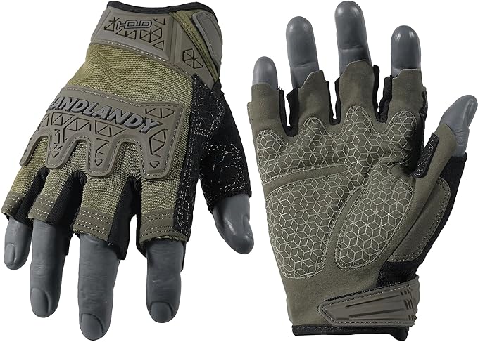 HANDLANDY Tactical Fingerless Impact Gloves for Men, Padded Grip Half Finger Work Gloves, Utility Trucker Driver Gloves (Army Green, Medium (Pack of 1))