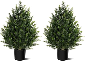 Outdoor Artificial Cedar Topiary Tree, Faux Evergreen Shrubs for Front Porch Decor, Lifelike Fake Bushes Plants for Home Living Room Front Door Decor (2, 2ft)