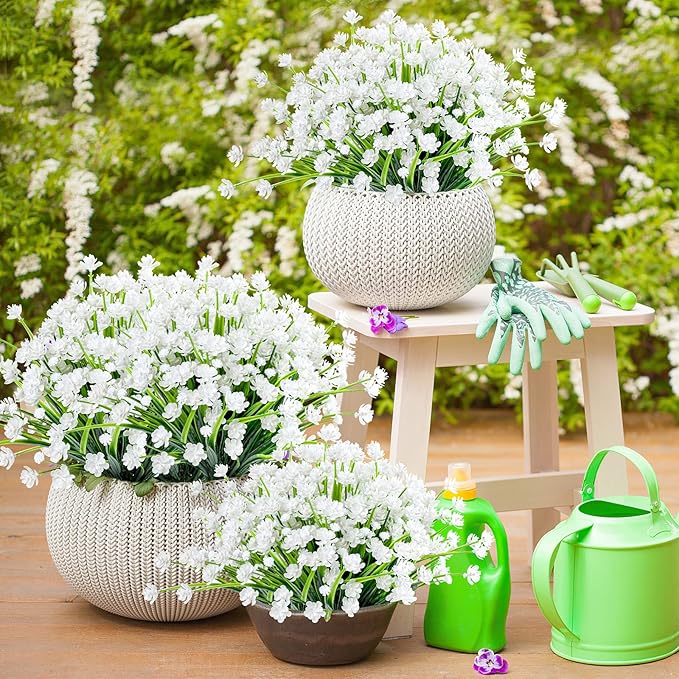 AmyHomie 20 Bundles Artificial Flowers for Outdoor Outside Spring Summer Decoration UV Resistant Faux Flowers No Fade Fake Plastic Plants Garden Porch Window Box Decorating (Pure White)